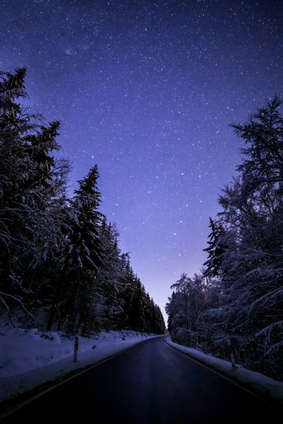 istock Starry sky over an empty road through woods in winter 1464715124