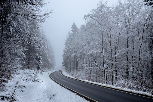 A beautiful view of a road surrounded by snow-covered trees under a cloudy sky