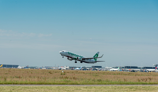 Schiphol, The Netherlands : Transavia airplane taking off from Schiphol airport.