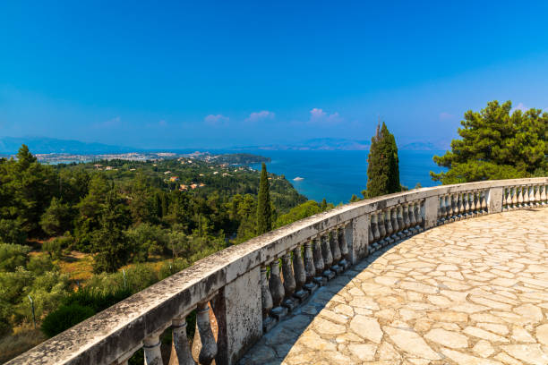 View from the garden terrace of the Achilleion View from the garden terrace of the Achilleion on the island of Corfu, Greece corfu holiday palace stock pictures, royalty-free photos & images