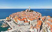Aerial view of harbor and old town Rovinj. Istria, Croatia.