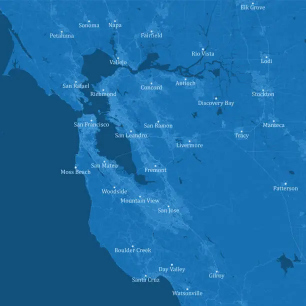 Vector illustration of San Francisco Bay Area CA Vector Road Map Blue Text