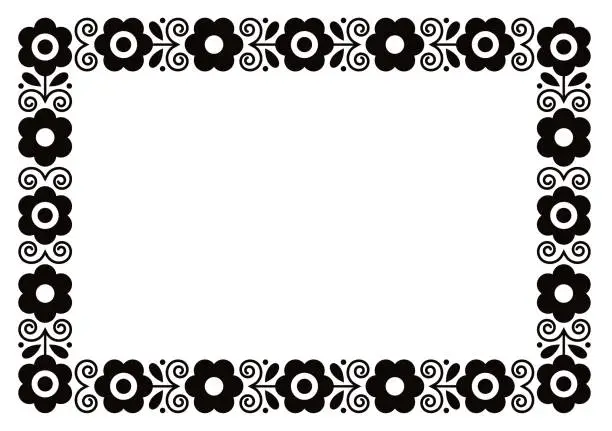 Vector illustration of Polish decorative floral folk art rectangle 5x7 format frame vector design in black and white, perfect for greeting card or wedding invitation