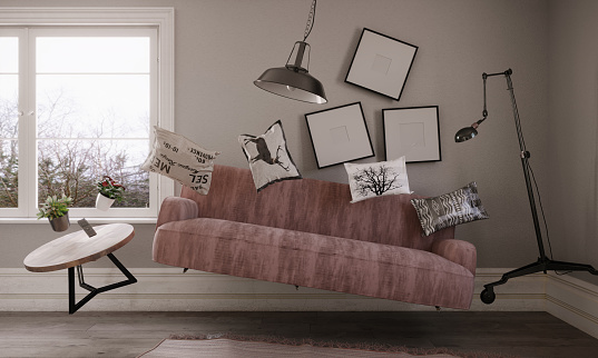 Furnitures flying in living room, can be used earthquake, gravity concepts. (3d render)