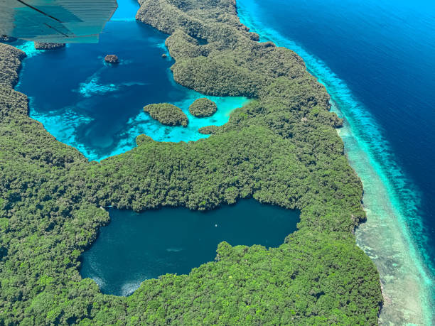 islande - micronesia lagoon palau aerial view photos et images de collection