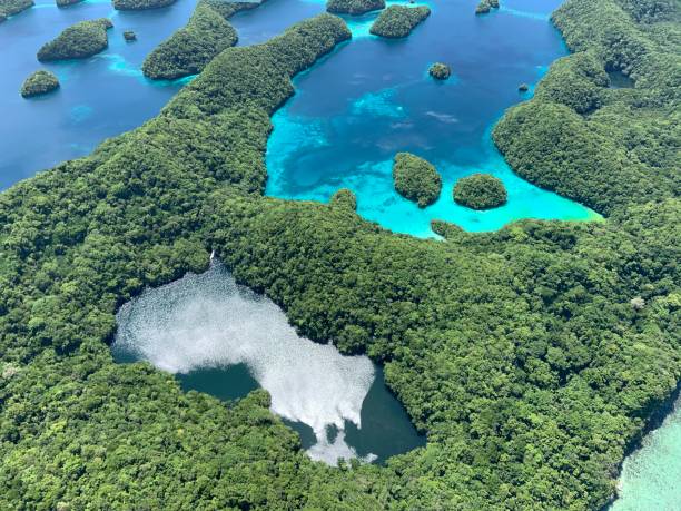 islas - micronesia lagoon palau aerial view fotografías e imágenes de stock