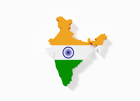 Geographical border of India textured with Turkish flag on white background. Horizontal composition with clipping path.
