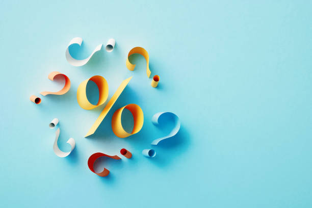 istock Yellow Percentage Sign Surrounded By Colorful Question Marks On Blue Background 1464724282