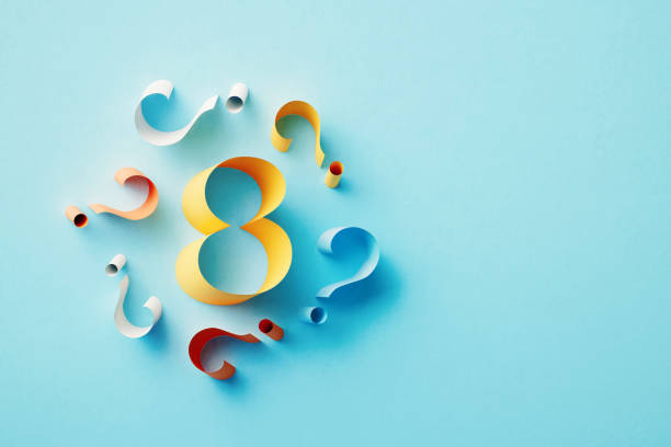 istock Yellow Number 8 Surrounded By Colorful Question Marks On Blue Background 1464724481