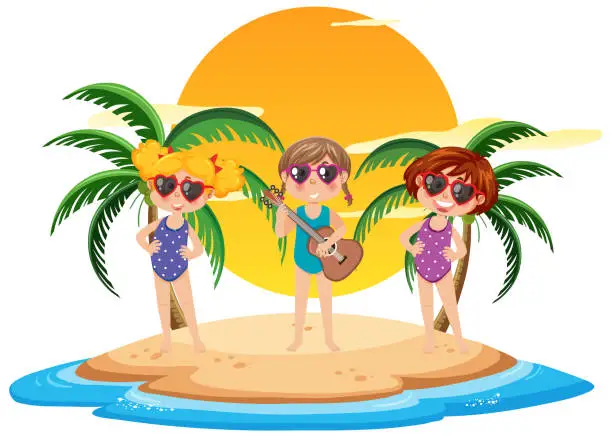 Vector illustration of Three kids on the beach island