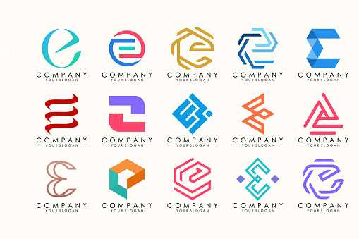 Abstract logos mega collection with letters E. Geometrical abstract logos