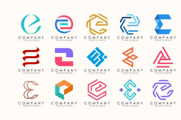 Vector illustration of Abstract logos mega collection with letters E. Geometrical abstract logos