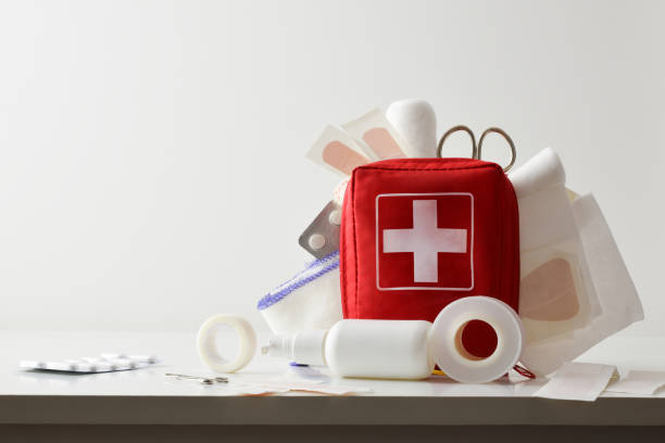 Travel portable first aid bag full of equipment front stock photo