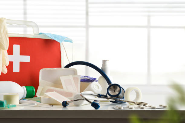istock Basic cures service of medical center on table front view 1464726667