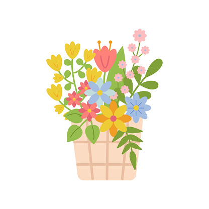 Wicker Basket with beautiful, bright spring flowers. Hand drawn, Colored doodles for Easter, holidays. Childish print for posters, cards, clothes, nursery. Vector flat illustration on white background