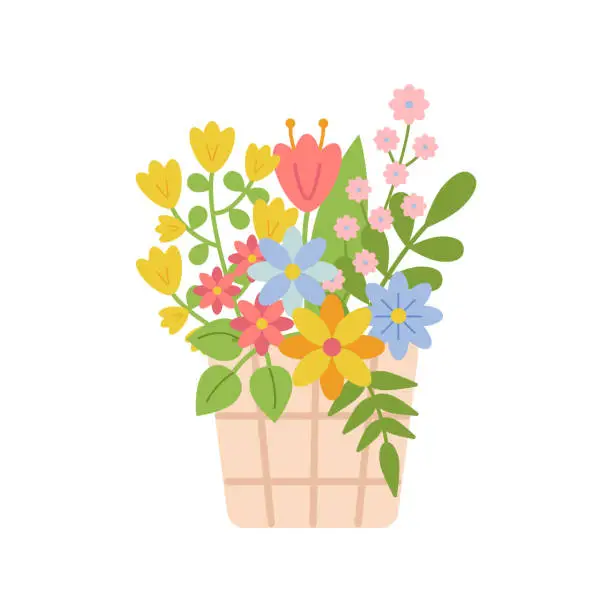 Vector illustration of Wicker Basket with beautiful, bright spring flowers