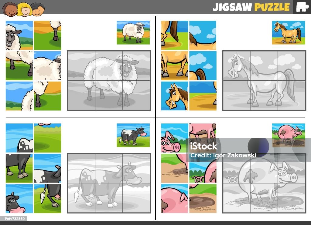 Jigsaw Puzzle Game Set With Comic Farm Animals Stock Illustration
