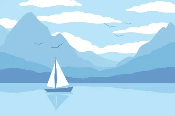 Vector illustration of Landscape with a sailboat or yacht 02