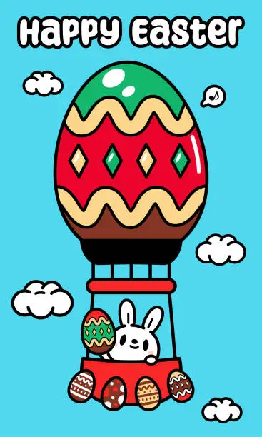Vector illustration of A cute Easter Bunny in a hot air balloon carrying Easter Eggs