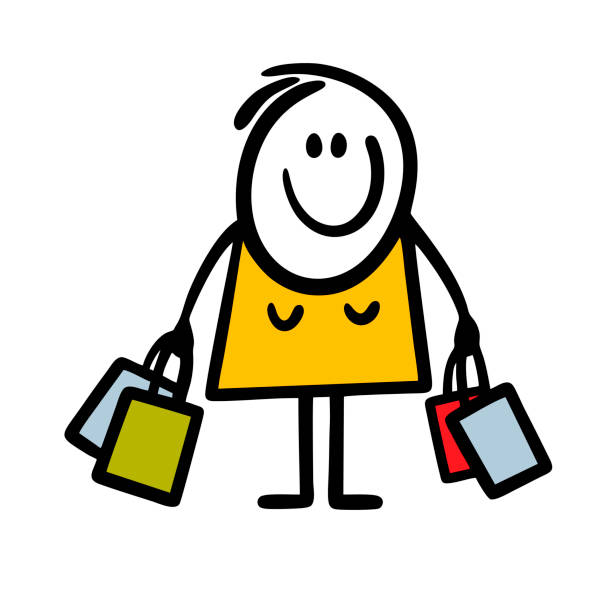 Cartoon satisfied young woman with purchases and packages in her hands is walking out of the store after the sale. Cartoon satisfied young woman with purchases and packages in her hands is walking out of the store after the sale. Vector illustration of shopping. impulse shopping stock illustrations