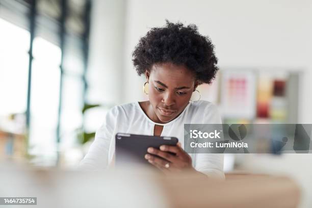 Creative Black Woman Tablet And Design In Focus For Planning Strategy Or Inspiration For Startup African American Female Employee Designer Working On Touchscreen For Web Or Online Research At Desk Stock Photo - Download Image Now