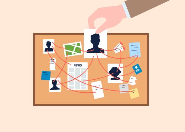 Investigation police office board with photos of wanted and stickers. Detective investigations of a crime, hand with a photo of criminal, vector scene Investigation police office board with photos of wanted and stickers. Detective investigations of a crime, hand with a photo of criminal, vector scene of crime photo board with evidence illustration evidence-bag-forensic-science-bag-label stock illustrations