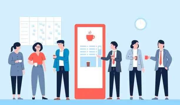 Vector illustration of People drink coffee from vending machine. Office person business lunch, creative team on break. Flat woman man drinking hot beverages, vector scene
