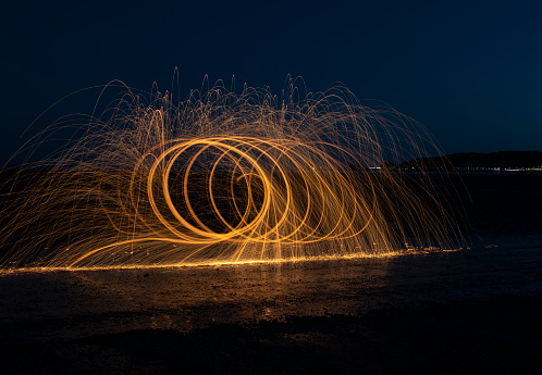 Burning wire wool image, light trails at night