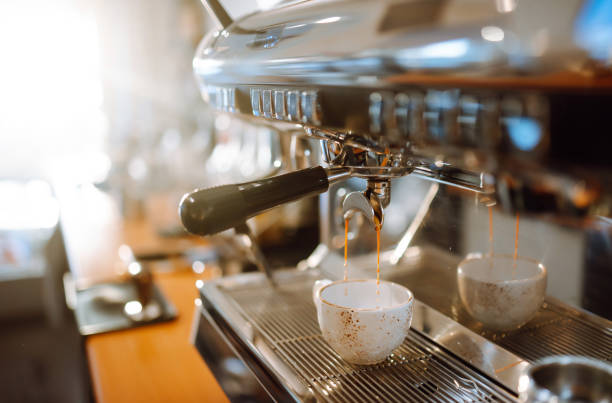 istock Black coffee morning on coffee machine. Takeaway food. 1464737926