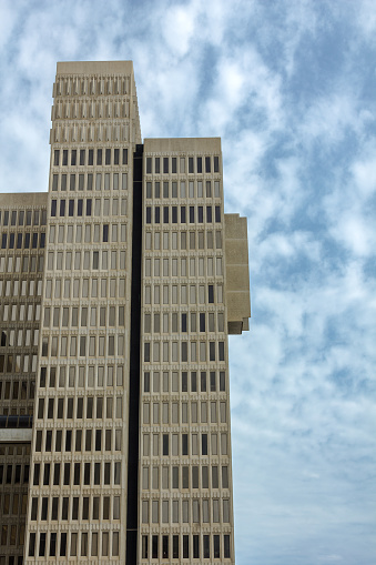 Vertical shot of brutalist skyscraper in downtown Atlanta