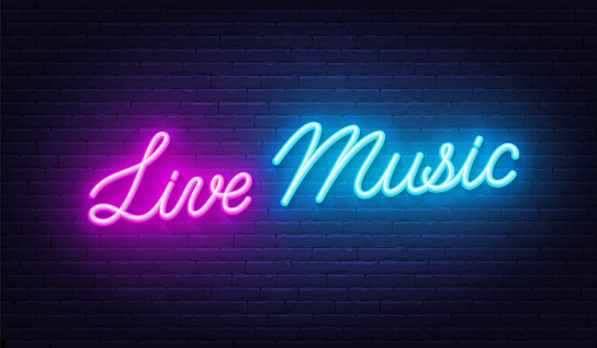 Live Music neon sign on brick wall background .