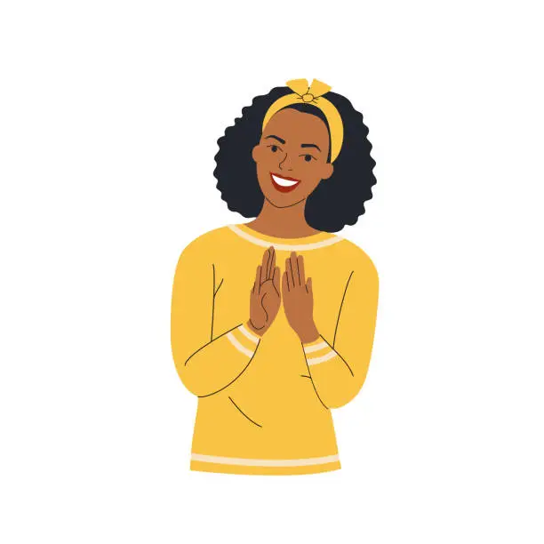 Vector illustration of Young Black woman clapping hands thanking or showing appreciation at event