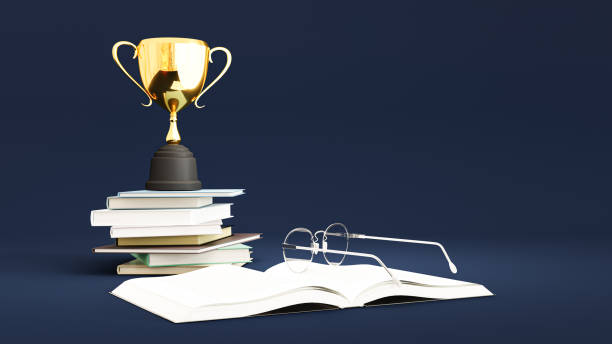 istock Golden trophy on wood table. 3D illustration render 1464741169