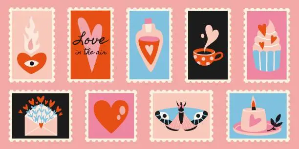 Vector illustration of Set of cute hand-drawn post stamps with Valentines Day, Love theme attributes like heart, candle, cupcake. Trendy vector illustartions in Cartoon style.