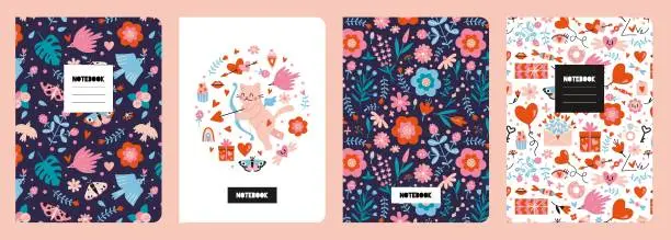 Vector illustration of Trendy covers set on a romantic theme, cartoon style vector illustration. Cool design with floral seamless patterns and cute love objects. For notebooks, planners, brochures, books, catalogs