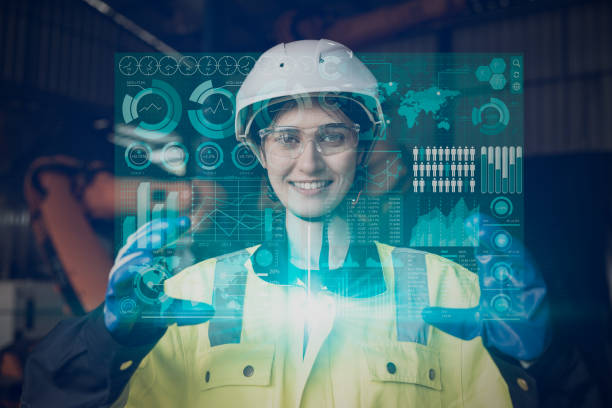 istock happy engineer female worker using advance technology digital hologram infographics touch panel in industry factory. 1464741839