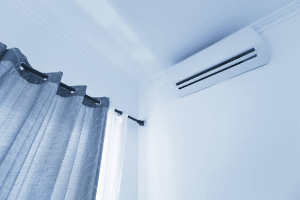 istock Flat air conditioner on white wall in room interior. Blue tone 1464743289