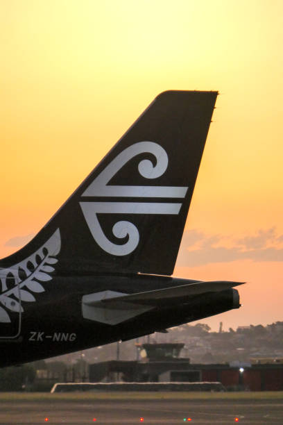The vertical stabiliser of an Air New Zealand A321-271NX plane taxiing at Sydney Kingsford-Smith Airport.  This plane, ZK-NNG, flight number NZ110, is travelling to Auckland.  In the distance are residential buildings.  This image was taken from Shep's Mound, a public viewing area off Ross Smith Avenue, at sunset on 10 February 2023.