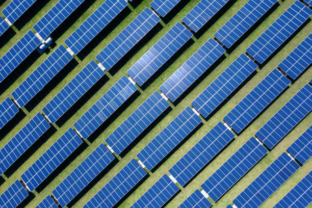 istock Blue solar panels. Alternative green clean source of energy. Aerial view 1464743474