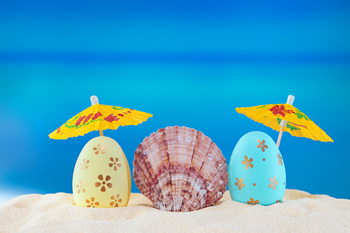 Happy easter. Yellow and blue eggs with conch shell under umbrellas on sandy beach of the sea or ocean. Holiday postcard in hot country. Travel, spring, summer. Copy space