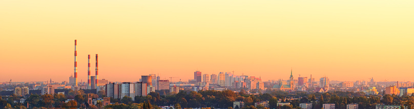 Panoramic view of the city center on the sunrise light sky