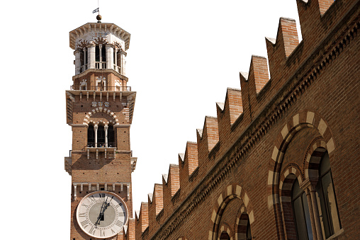 Medieval Lamberti tower (Torre dei Lamberti - XI century), isolated on white background, UNESCO World Heritage Site, Piazza delle Erbe, Verona, Veneto, Italy, Europe.