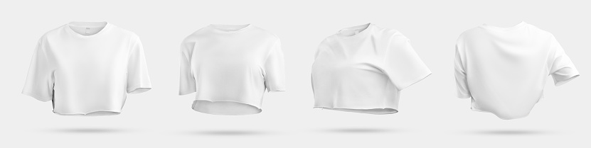 White crop top template 3D rendering, women's t-shirt loose fit, no body, isolated on background. Set of shirts for design, print, advertising. Mockup of fashion clothes, front view, back view