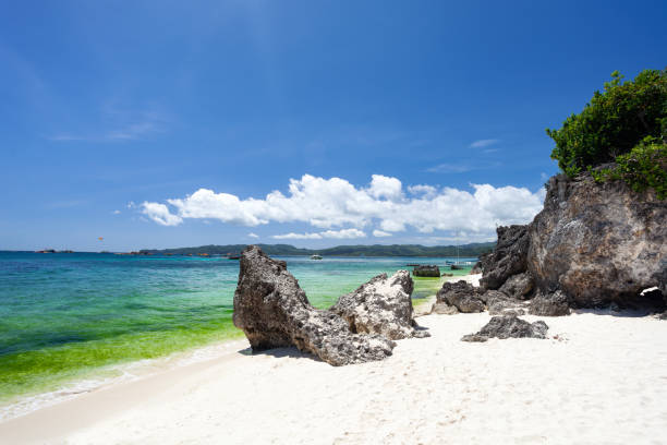 Tropical beach with rocks, wgite sand and azure. Boracay stock photo
