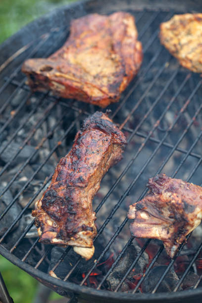istock Cooking different meat on barbecue. Grilled and roasted lamb steaks on bbq 1464746814