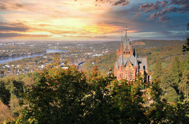 Panoramic view of the city of Bonn with the river Rhine and Drachenburg Castle. Germany, Europe. stock photo