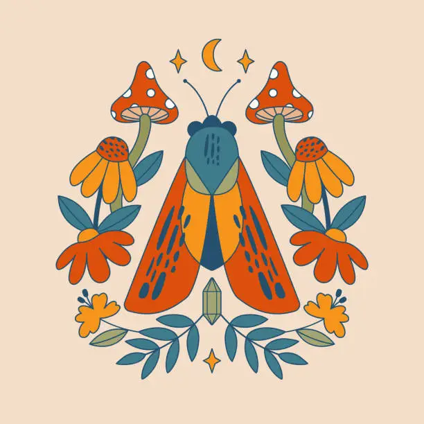 Vector illustration of Hippie groovy psychedelic clipart with illustrations of moth, mushrooms, butterfly, moon, flowers, plants.