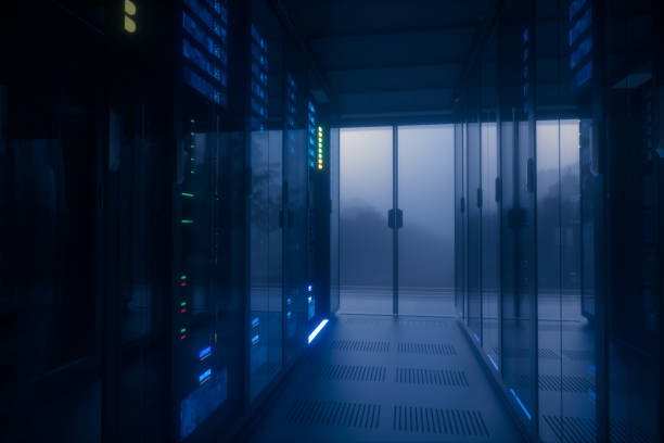 AI work at network servers room Robot works in a computer server with a foggy forest outside the windows. 3D rendering, amysterious scene. japan supercomputer stock pictures, royalty-free photos & images