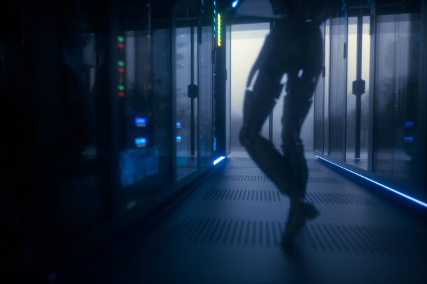 AI work at network servers room Robot works in a computer server with a foggy forest outside the windows. 3D rendering, amysterious scene. japan supercomputer stock pictures, royalty-free photos & images