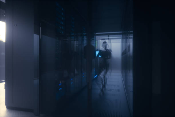 AI work at network servers room Robot works in a computer server with a foggy forest outside the windows. 3D rendering, amysterious scene. japan supercomputer stock pictures, royalty-free photos & images